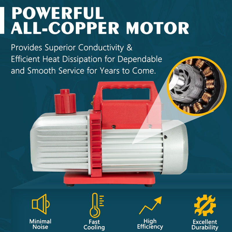 Kozyvacu vacuum pump featuring an all-copper motor for superior conductivity, efficient heat dissipation, minimal noise, fast cooling, high efficiency, and excellent durability, on a blue background.
Keywords: Kozyvacu vacuum pump, all-copper motor, high efficiency, superior conductivity, heat dissipation, minimal noise, fast cooling, durable vacuum pump, HVAC tool, refrigeration equipment.