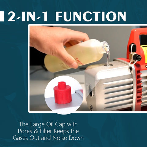 Title: Kozyvacu Vacuum Pump 2-in-1 Function - Oil Cap with Filter
Alt Text: Kozyvacu vacuum pump with a 2-in-1 function, featuring a large oil cap with pores and filter to reduce gases and noise, shown with oil being poured, on a blue background.
Keywords: Kozyvacu vacuum pump, 2-in-1 function, large oil cap, filter, reduce noise, gas filtration, HVAC tool, refrigeration equipment, vacuum pump maintenance, oil filling.

