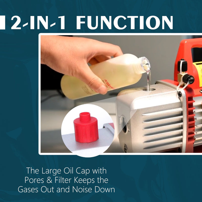 Title: Kozyvacu Vacuum Pump 2-in-1 Function - Oil Cap with Filter
Alt Text: Kozyvacu vacuum pump with a 2-in-1 function, featuring a large oil cap with pores and filter to reduce gases and noise, shown with oil being poured, on a blue background.
Keywords: Kozyvacu vacuum pump, 2-in-1 function, large oil cap, filter, reduce noise, gas filtration, HVAC tool, refrigeration equipment, vacuum pump maintenance, oil filling.

