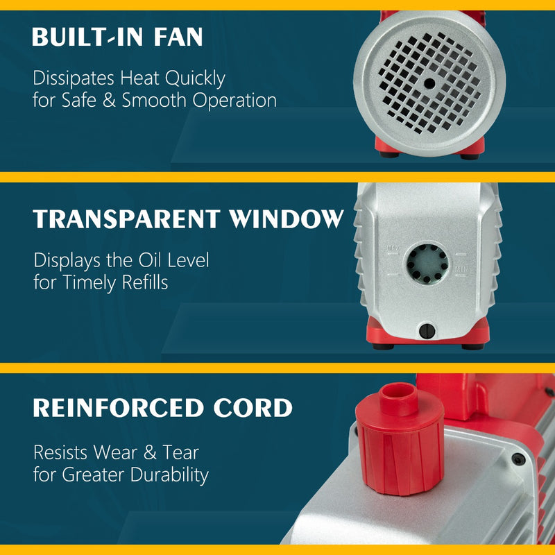 Title: Kozyvacu Vacuum Pump Features - Built-In Fan, Transparent Window, Reinforced Cord
Alt Text: Kozyvacu vacuum pump with built-in fan for heat dissipation, transparent oil level window, and reinforced cord for durability, on a blue background.
Keywords: Kozyvacu vacuum pump, built-in fan, heat dissipation, transparent window, oil level, reinforced cord, durable vacuum pump, HVAC tool, refrigeration equipment, safe operation.