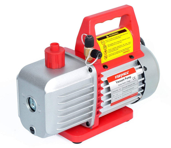 Title: Kozyvacu TA350 Vacuum Pump - 1-Stage, 5 CFM, 1/2 HP
Alt Text: Kozyvacu TA350 1-stage vacuum pump with 5 CFM, 1/2 HP, red handle, and oil sight glass, on a white background.
Keywords: Kozyvacu TA350, 1-stage vacuum pump, 5 CFM, 1/2 HP, HVAC tool, refrigeration equipment, oil sight glass, red handle, vacuum pump, air conditioning repair.