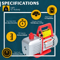 Title: Kozyvacu TA350 Vacuum Pump Specs - 4.5 CFM, 1/3 HP, 12.1 lb
Alt Text: Kozyvacu TA350 vacuum pump specifications: 4.5 CFM flow rate, 150 microns ultimate vacuum, 1/3 HP (250W) power, 0.34 qt (330ml) oil capacity, 12.1 lb weight, continuous duty cycle, on a blue background.
Keywords: Kozyvacu TA350, vacuum pump specs, 4.5 CFM, 1/3 HP, 12.1 lb, HVAC tool, refrigeration equipment, continuous duty, oil capacity, ultimate vacuum.