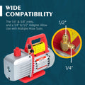 Title: Kozyvacu Vacuum Pump Compatibility - 1/4", 3/8", 1/2" Inlets
Alt Text: Kozyvacu vacuum pump with wide compatibility, featuring 1/4" and 3/8" inlets, and a 1/4" to 1/2" adapter for multiple hose sizes, on a blue background.
Keywords: Kozyvacu vacuum pump, wide compatibility, 1/4" inlet, 3/8" inlet, 1/2" adapter, multiple hose sizes, HVAC tool, refrigeration equipment, vacuum pump compatibility.