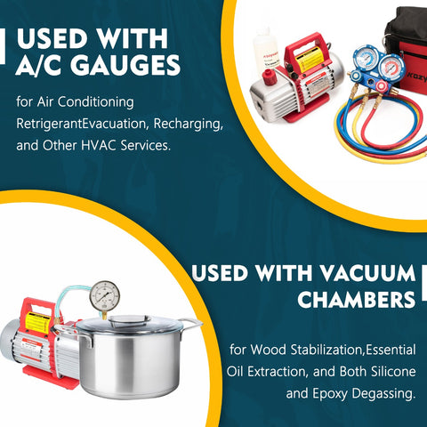 Title: Kozyvacu Vacuum Pump Applications - A/C Gauges & Vacuum Chambers
Alt Text: Kozyvacu vacuum pump used with A/C gauges for HVAC services and vacuum chambers for wood stabilization, essential oil extraction, silicone, and epoxy degassing, on a blue background.
Keywords: Kozyvacu vacuum pump, A/C gauges, vacuum chambers, HVAC services, refrigerant evacuation, wood stabilization, essential oil extraction, silicone degassing, epoxy degassing, refrigeration tool.