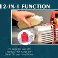 Title: Kozyvacu Vacuum Pump 2-in-1 Function - Oil Cap with Filter
Alt Text: Kozyvacu vacuum pump with a 2-in-1 function, featuring a large oil cap with pores and filter to reduce gases and noise, shown with oil being poured, on a blue background.
Keywords: Kozyvacu vacuum pump, 2-in-1 function, large oil cap, filter, reduce noise, gas filtration, HVAC tool, refrigeration equipment, vacuum pump maintenance, oil filling.