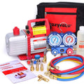Title: Kozyvacu TA450 Vacuum Pump Kit with Manifold Gauge
Alt Text: Kozyvacu TA450 Vacuum Pump kit with manifold gauge, hoses, oil, user guide, and carrying bag for HVAC systems.
Keywords: Kozyvacu, TA450, vacuum pump kit, HVAC, manifold gauge, refrigerant tools, carrying bag