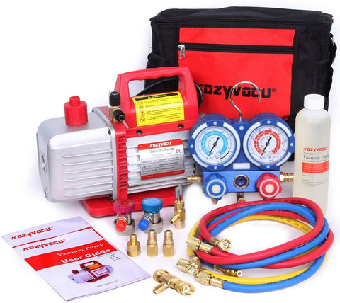 Title: Kozyvacu TA450 Vacuum Pump Kit with Manifold Gauge
Alt Text: Kozyvacu TA450 Vacuum Pump kit with manifold gauge, hoses, oil, user guide, and carrying bag for HVAC systems.
Keywords: Kozyvacu, TA450, vacuum pump kit, HVAC, manifold gauge, refrigerant tools, carrying bag