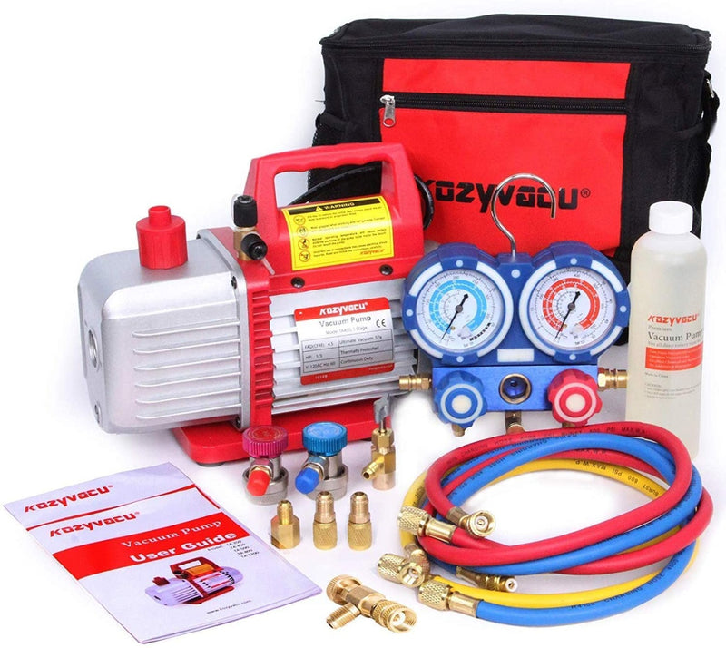 Title: Kozyvacu TA450 Vacuum Pump Kit with Manifold Gauge
Alt Text: Kozyvacu TA450 Vacuum Pump kit with manifold gauge, hoses, oil, user guide, and carrying bag for HVAC systems.
Keywords: Kozyvacu, TA450, vacuum pump kit, HVAC, manifold gauge, refrigerant tools, carrying bag