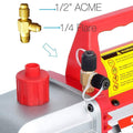 Title: Kozyvacu TA450 Vacuum Pump with 1/4" Flare and 1/2" ACME Fittings
Alt Text: Kozyvacu TA450 Vacuum Pump with red handle, 1/4" Flare, 1/2" ACME fittings, and safety warnings for HVAC use.
Keywords: Kozyvacu, TA450, vacuum pump, HVAC, 1/4" Flare, 1/2" ACME, refrigerant tool