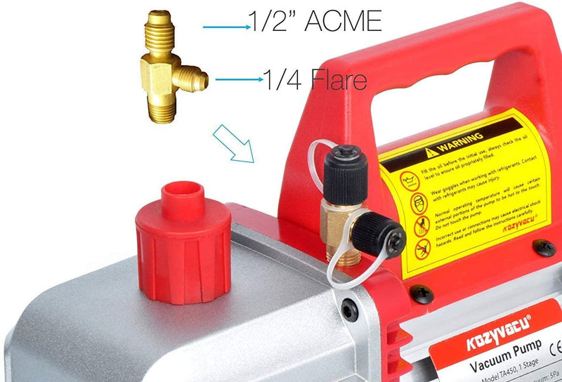 Title: Kozyvacu TA450 Vacuum Pump with 1/4" Flare and 1/2" ACME Fittings
Alt Text: Kozyvacu TA450 Vacuum Pump with red handle, 1/4" Flare, 1/2" ACME fittings, and safety warnings for HVAC use.
Keywords: Kozyvacu, TA450, vacuum pump, HVAC, 1/4" Flare, 1/2" ACME, refrigerant tool