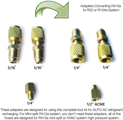 Title: Adapters for Converting R410a to R22 or R134a Systems
Alt Text: Set of brass adapters (5/16", 1/4", 1/2" ACME) for converting R410a to R22 or R134a HVAC systems.
Keywords: R410a adapters, R22, R134a, HVAC, brass adapters, refrigerant conversion, 5/16", 1/4", 1/2" ACME
