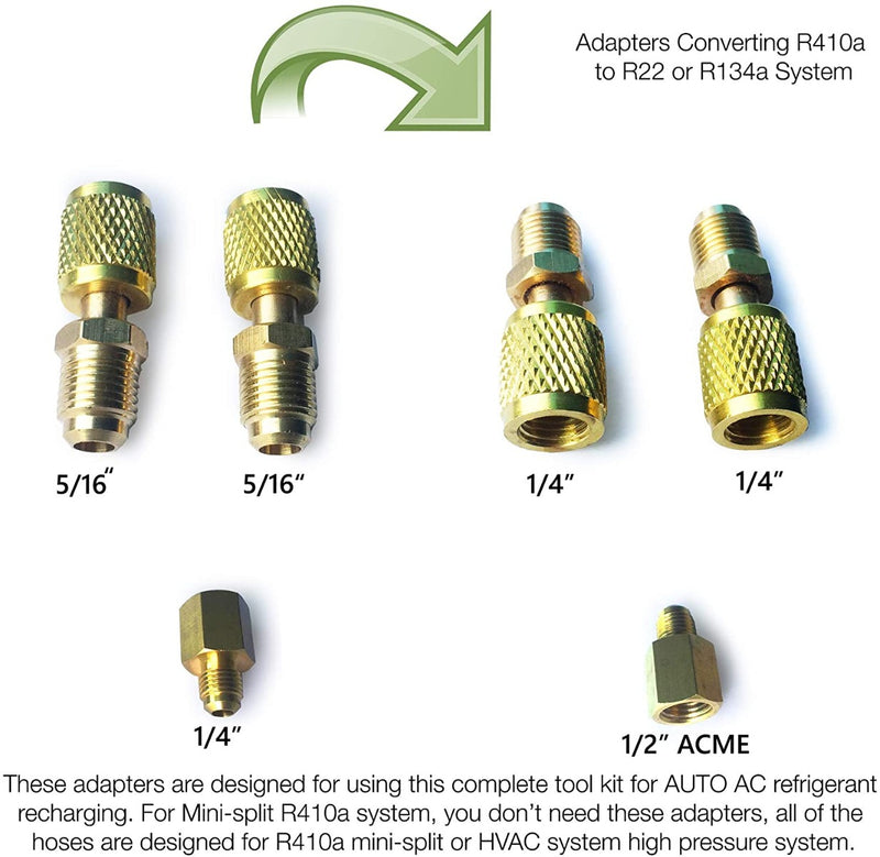 Title: Adapters for Converting R410a to R22 or R134a Systems
Alt Text: Set of brass adapters (5/16", 1/4", 1/2" ACME) for converting R410a to R22 or R134a HVAC systems.
Keywords: R410a adapters, R22, R134a, HVAC, brass adapters, refrigerant conversion, 5/16", 1/4", 1/2" ACME
