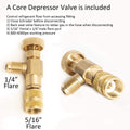 Title: Core Depressor Valve for HVAC Refrigerant Control
Alt Text: Brass core depressor valve with 1/4" and 5/16" flare fittings, 800-4000psi, for HVAC refrigerant flow control.
Keywords: core depressor valve, HVAC, refrigerant control, 1/4" flare, 5/16" flare, 800-4000psi, brass valve

