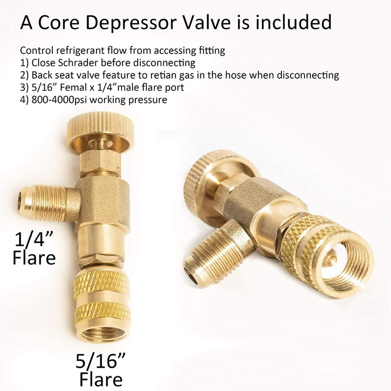 Title: Core Depressor Valve for HVAC Refrigerant Control
Alt Text: Brass core depressor valve with 1/4" and 5/16" flare fittings, 800-4000psi, for HVAC refrigerant flow control.
Keywords: core depressor valve, HVAC, refrigerant control, 1/4" flare, 5/16" flare, 800-4000psi, brass valve
