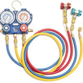 Title: HVAC Manifold Gauge Set with Charging Hoses
Alt Text: HVAC manifold gauge set with blue, red, and yellow charging hoses for refrigerant pressure testing.
Keywords: HVAC manifold gauge, charging hoses, refrigerant testing, pressure gauge, blue red yellow hoses
