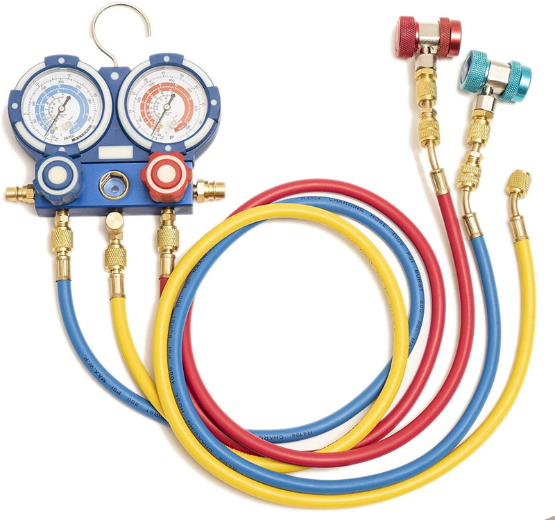Title: HVAC Manifold Gauge Set with Charging Hoses
Alt Text: HVAC manifold gauge set with blue, red, and yellow charging hoses for refrigerant pressure testing.
Keywords: HVAC manifold gauge, charging hoses, refrigerant testing, pressure gauge, blue red yellow hoses

