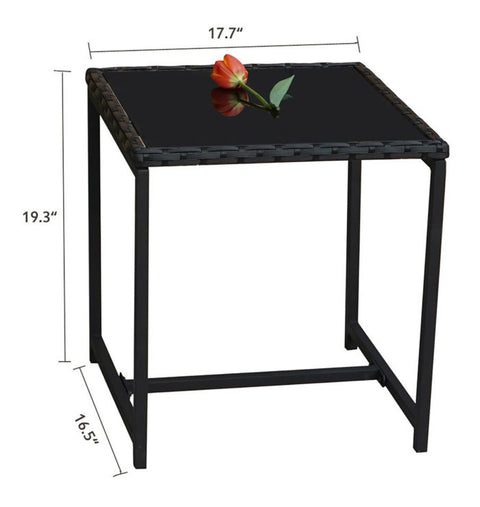 Dimensions of a Square Outdoor Side Table
alt text：A diagram displaying the measurements of a square outdoor side table with a black glass top and a decorative tulip. Keywords: outdoor side table dimensions, square table measurements
