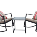 Comfortable Outdoor Rocking Chair Set
alt text：A set of two rocking chairs with cushioned seats and backs, adorned with striped pillows, placed around a small square table. Perfect for outdoor relaxation. Keywords: outdoor rocking chairs, patio set, striped pillows