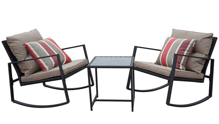 Comfortable Outdoor Rocking Chair Set
alt text：A set of two rocking chairs with cushioned seats and backs, adorned with striped pillows, placed around a small square table. Perfect for outdoor relaxation. Keywords: outdoor rocking chairs, patio set, striped pillows