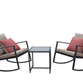 Cozy Outdoor Rocking Chair Set
alt text：A pair of stylish rocking chairs with cushioned seats and backs, accented by vibrant pillows, paired with a small square side table. Ideal for outdoor relaxation. Keywords: outdoor rocking chairs, patio set, cushioned seating