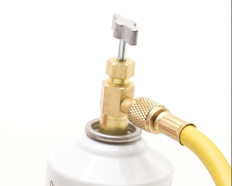 Gas Cylinder Connector with Hose
A brass connector attached to a yellow hose, connected to a white gas cylinder. Keywords: gas cylinder connector, yellow hose, gas connection