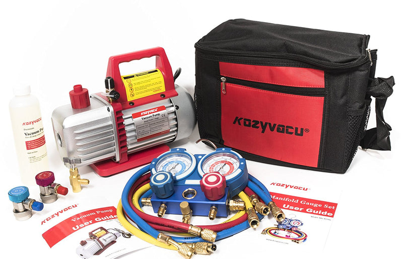 KOZYVACU vacuum pump kit with manifold gauge, hoses, oil, user guide, and carrying bag. KOZYVACU vacuum pump, manifold gauge, hoses, vacuum pump oil, carrying bag, HVAC tool.
KOZYVACU Vacuum Pump Kit with Manifold Gauge, Hoses, and Carrying Bag.KOZYVACU vacuum pump, manifold gauge, hoses, vacuum pump oil, carrying bag, HVAC tool.


