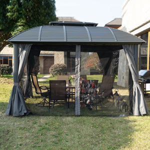 An outdoor gazebo with a dark - colored, double - tiered roof is set on a grassy area. It features grey netting around the sides, providing protection from insects. Inside, there is outdoor furniture including chairs and a table, perfect for outdoor relaxation and dining.Gazebo with Grey Netting: Ideal for Bug - Free Outdoor Relaxation. Outdoor Gazebo: Grey Netting for Insect Protection. gazebo, grey netting, insect protection, outdoor gazebo, patio furniture