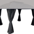 Image of a gazebo with a sleek, light - hued roof and dark gray curtains hanging from its sides. The curtains are partially fastened back, suggesting versatility in creating a private or open outdoor space. Gazebo: Dark Gray Curtains for Privacy and Style. Outdoor Gazebo with Adjustable Dark Gray Curtains. gazebo, dark gray curtains, privacy curtains, adjustable curtains, outdoor gazebo
