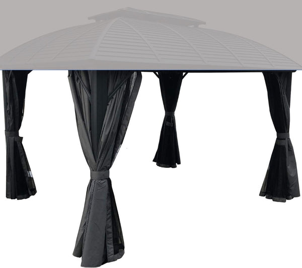 Image of a gazebo with a sleek, light - hued roof and dark gray curtains hanging from its sides. The curtains are partially fastened back, suggesting versatility in creating a private or open outdoor space. Gazebo: Dark Gray Curtains for Privacy and Style. Outdoor Gazebo with Adjustable Dark Gray Curtains. gazebo, dark gray curtains, privacy curtains, adjustable curtains, outdoor gazebo